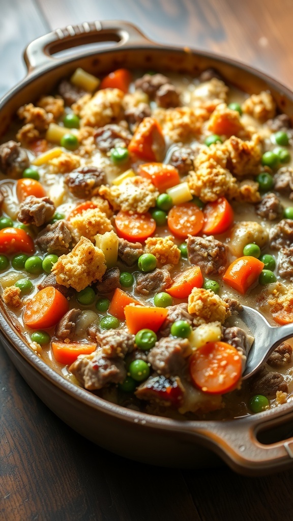 Beef and Vegetable Casserole Recipe A hearty beef and vegetable casserole with a golden crust, filled with beef, carrots, and peas, served in a rustic dish.